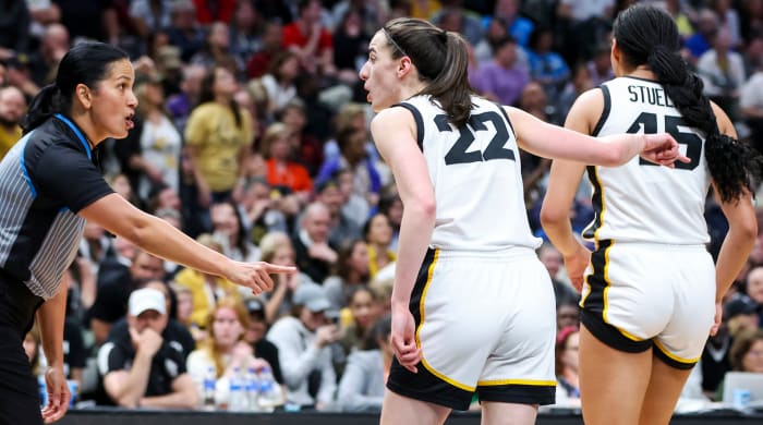 Iowa Hawkeyes guard Caitlin Clark reacts to an official in the national title game against LSU.